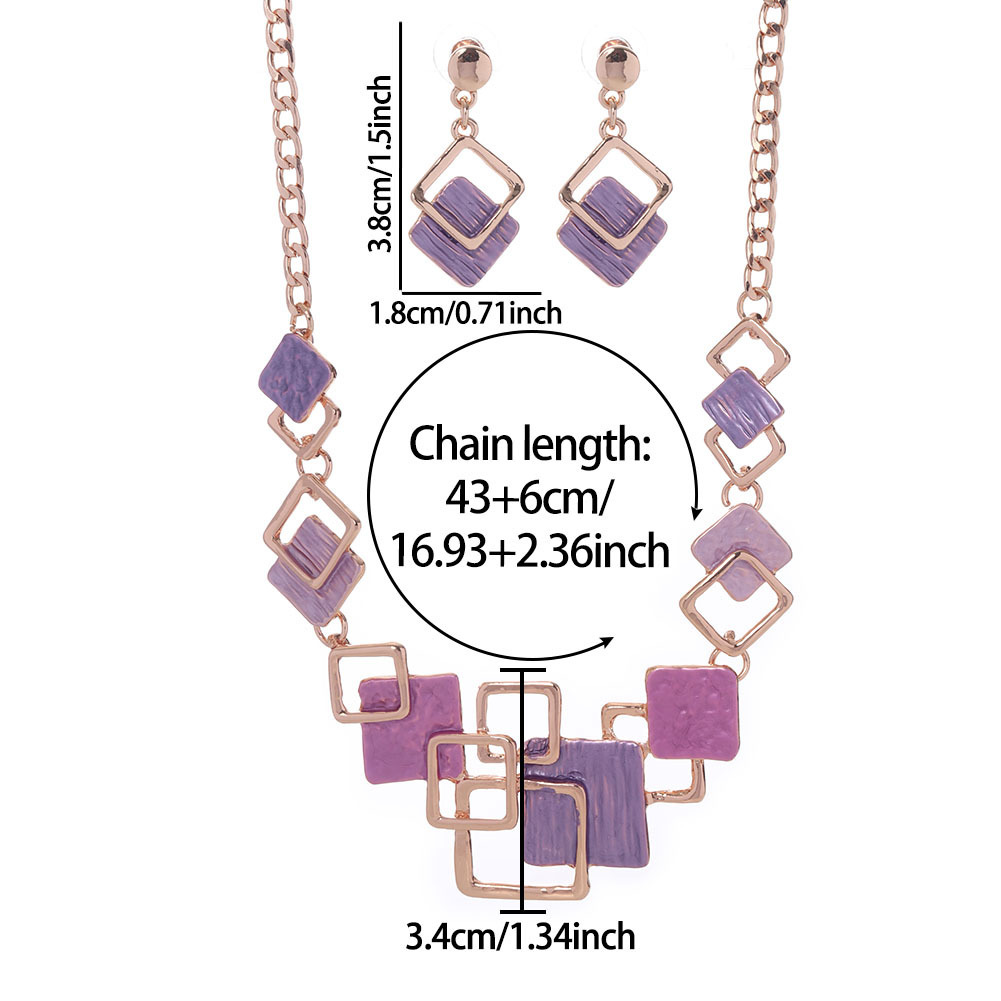 Necklace And Earrings Kit Zinc Alloy Geometric Square Color Oil Necklace Hollow Female - Image 2