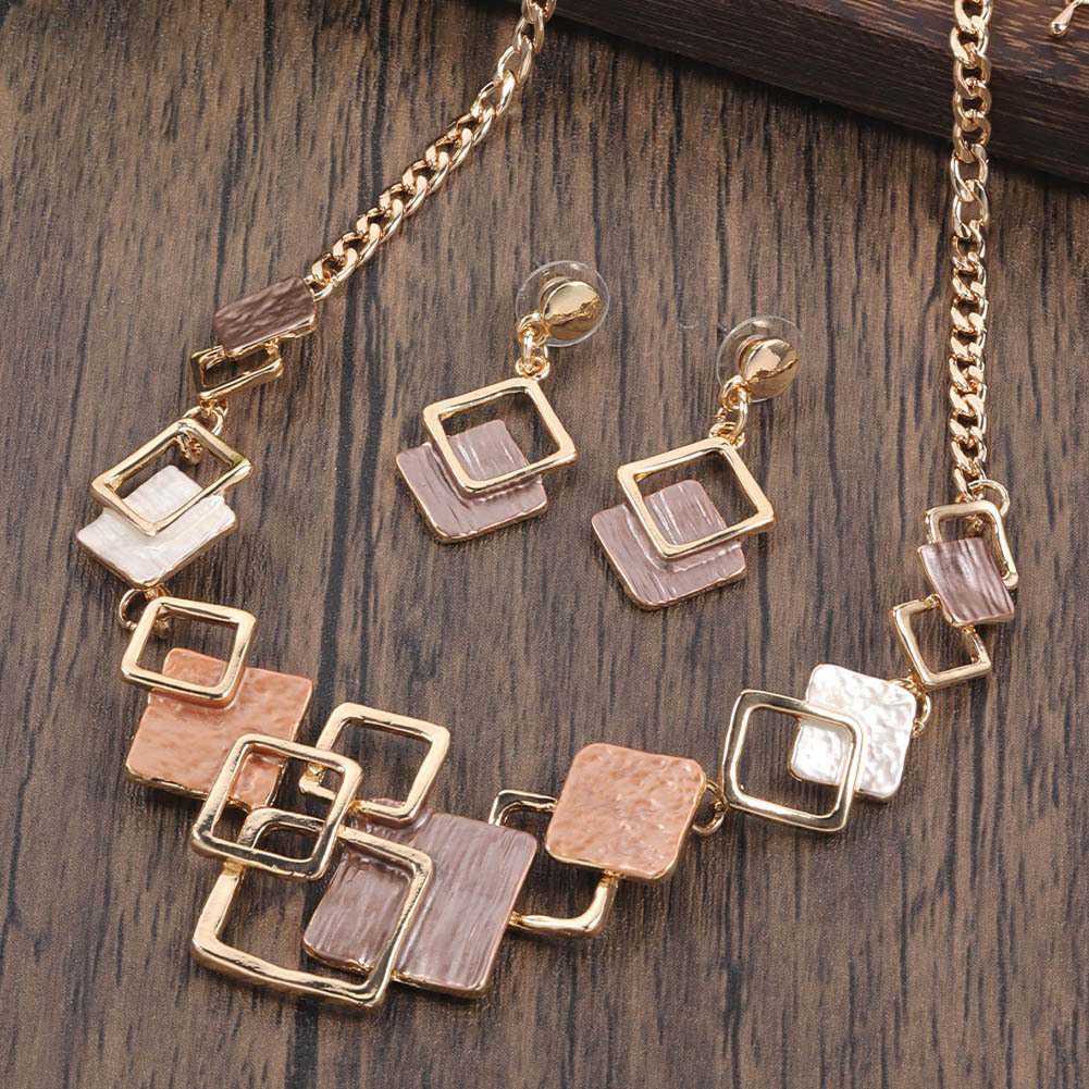 Necklace And Earrings Kit Zinc Alloy Geometric Square Color Oil Necklace Hollow Female - Image 3