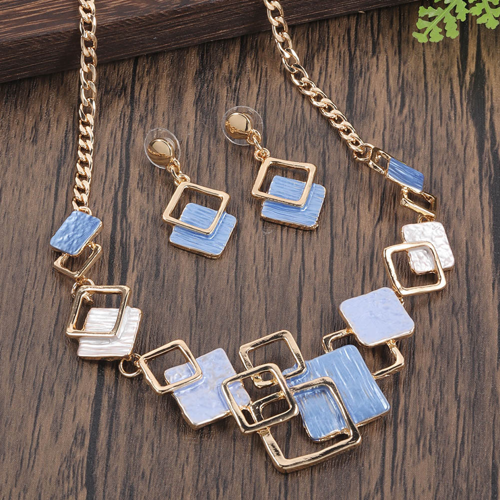 Necklace And Earrings Kit Zinc Alloy Geometric Square Color Oil Necklace Hollow Female - Image 4