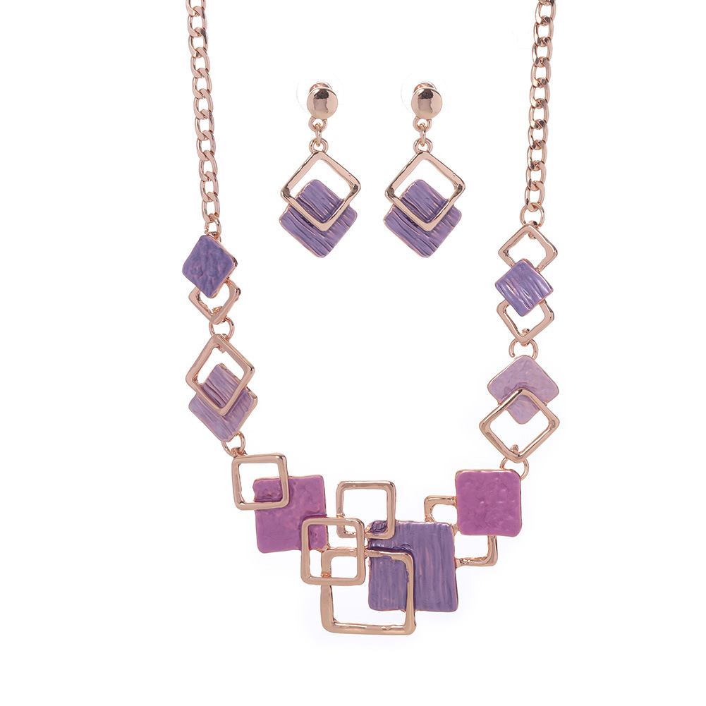 Necklace And Earrings Kit Zinc Alloy Geometric Square Color Oil Necklace Hollow Female - Image 5