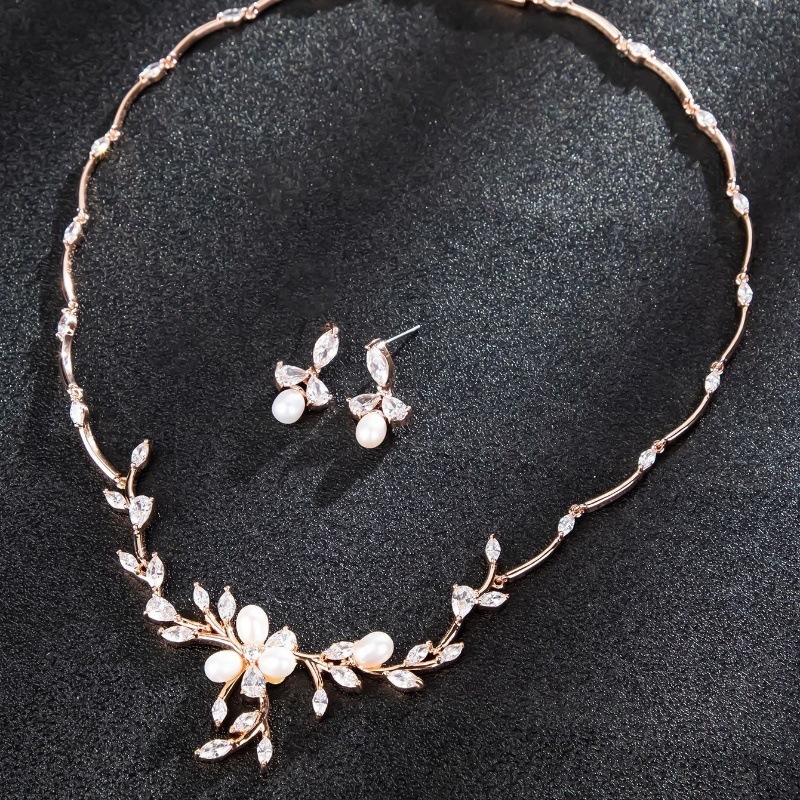 Sweet Pearl Zircon Ear Stud Necklace Jewelry Suit - Image 3