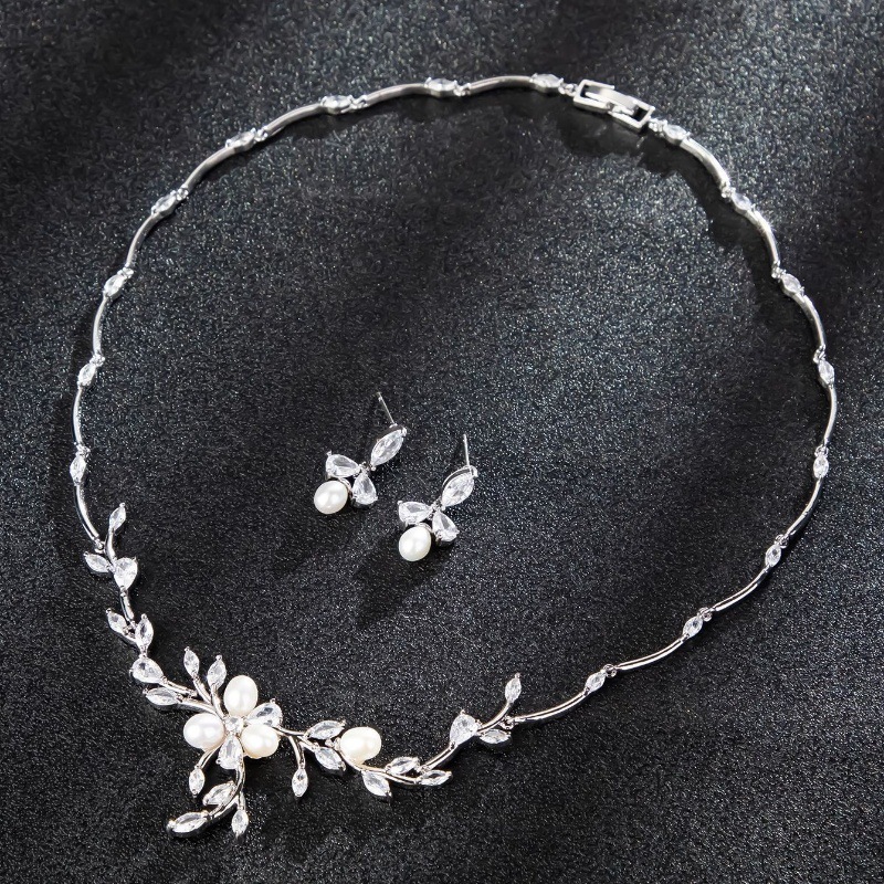 Sweet Pearl Zircon Ear Stud Necklace Jewelry Suit - Image 4