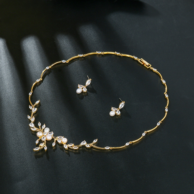 Sweet Pearl Zircon Ear Stud Necklace Jewelry Suit - Image 7