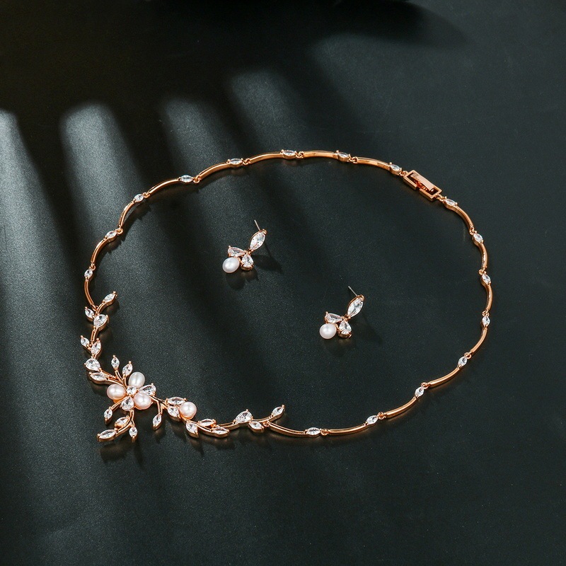 Sweet Pearl Zircon Ear Stud Necklace Jewelry Suit - Image 8