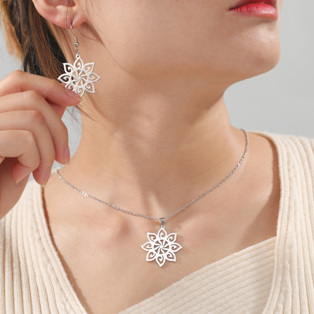 Stainless Steel Eight-petal Flower Necklace Ear Hook Set - Image 3