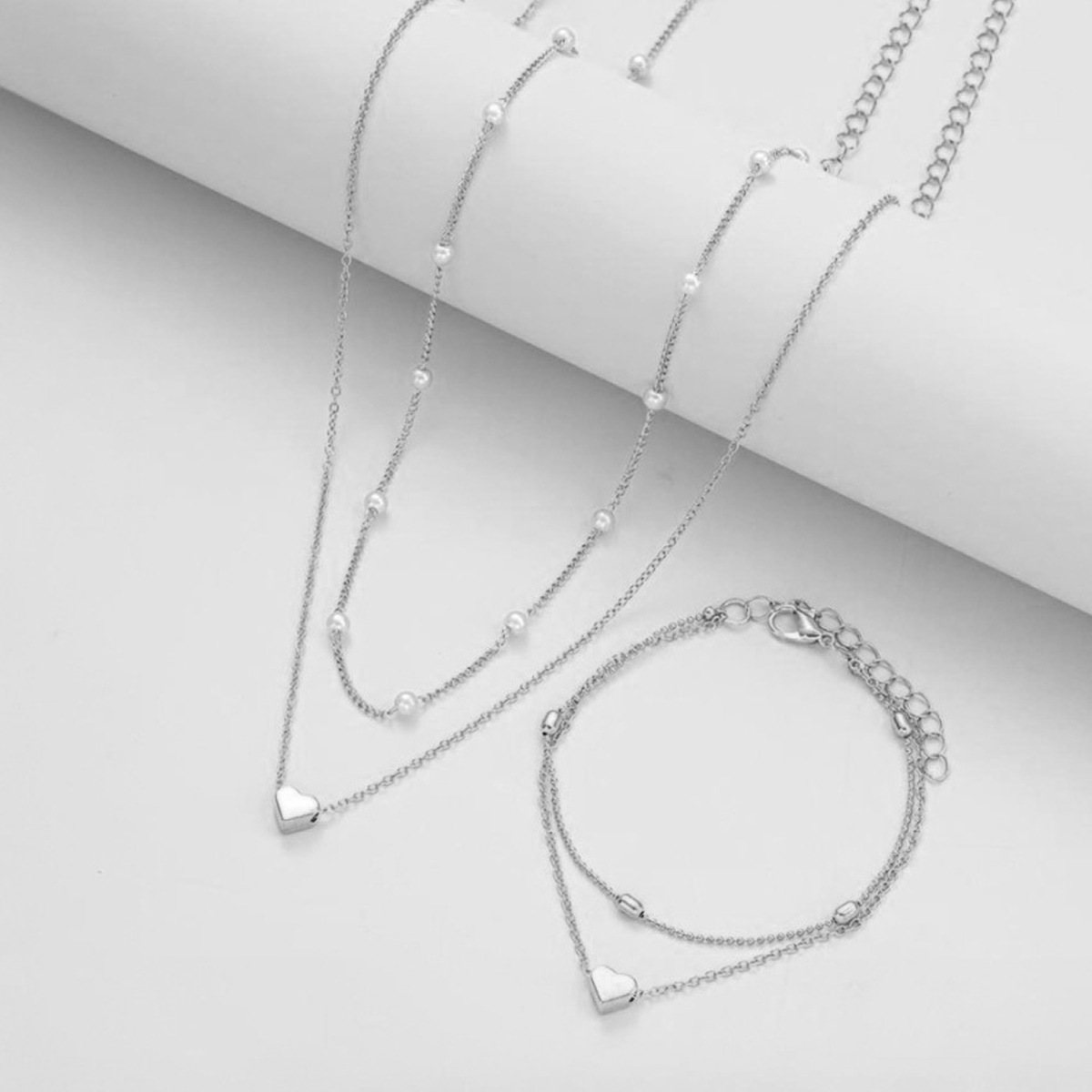 Double-layer Stacked Bag Round Beads Love Pearl Bracelet Necklace Jewelry Set - Image 6