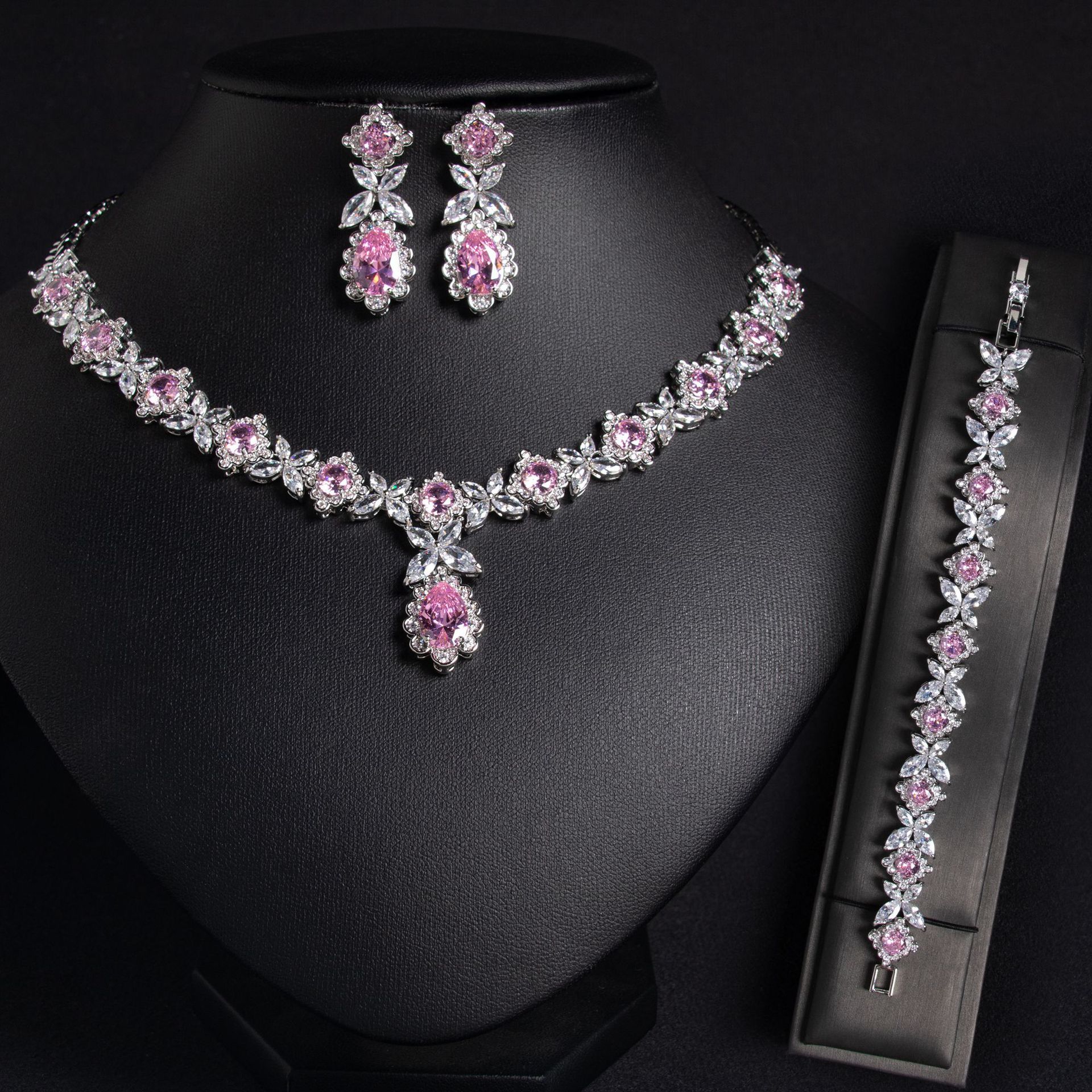 European And American Zircon Necklace Earring Bracelet Wedding Dress Bridal Three-piece Set