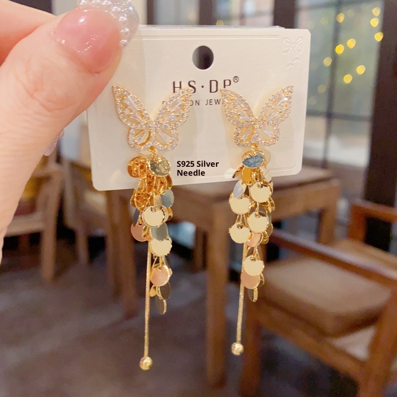 Female High-end Zircon Butterfly Disc Tassel Earrings