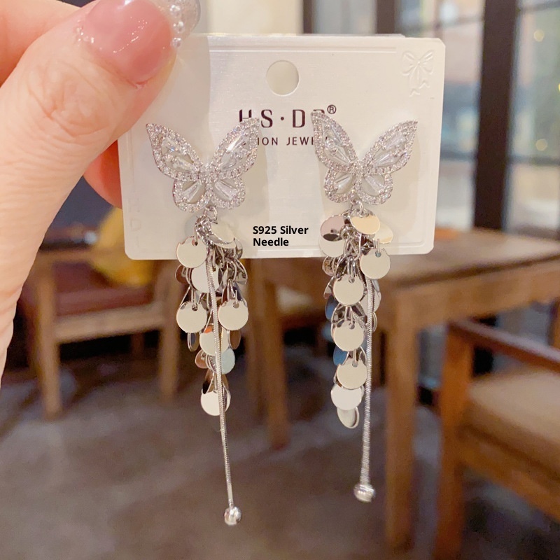Female High-end Zircon Butterfly Disc Tassel Earrings - Image 2