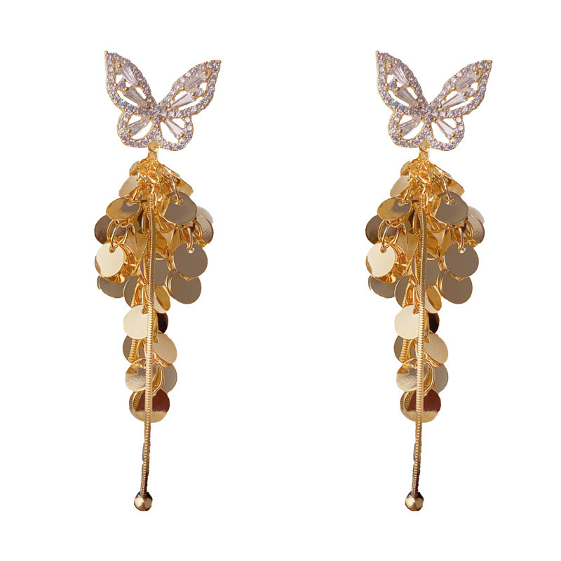 Female High-end Zircon Butterfly Disc Tassel Earrings - Image 3