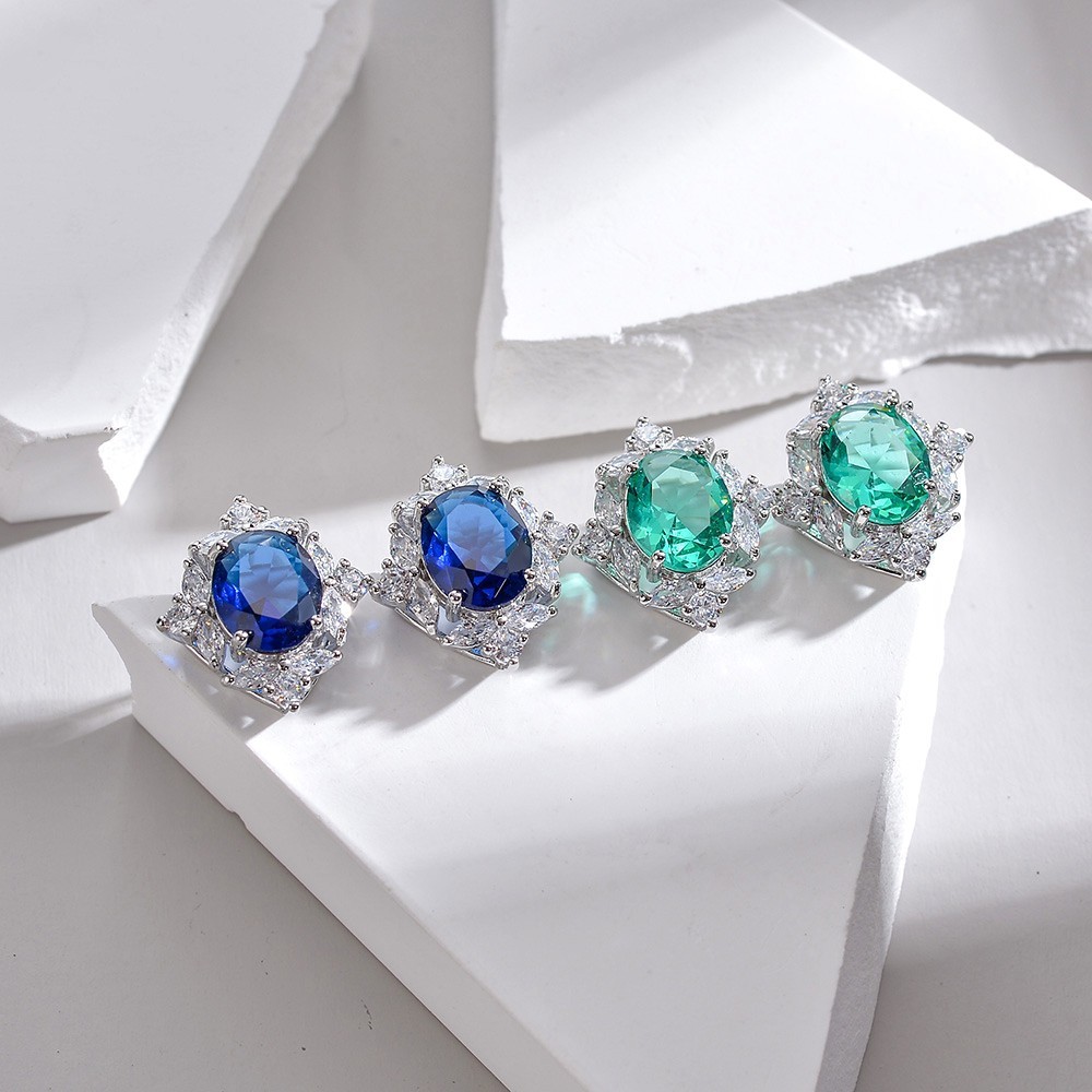Earrings Zircon Inlaid Colored Gems Green Crystal Oval Palaiba Color Without Earrings