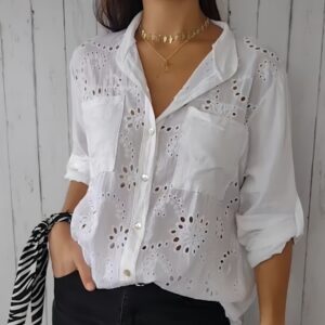 Women's Casual Hollow-out Design Pocket Long Sleeve Button-down Shirt