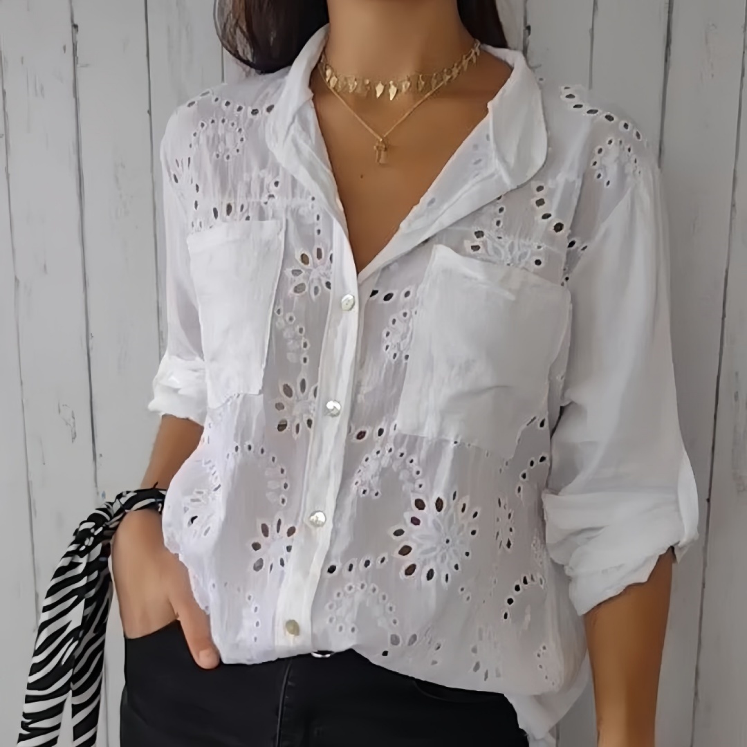 Women's Casual Hollow-out Design Pocket Long Sleeve Button-down Shirt