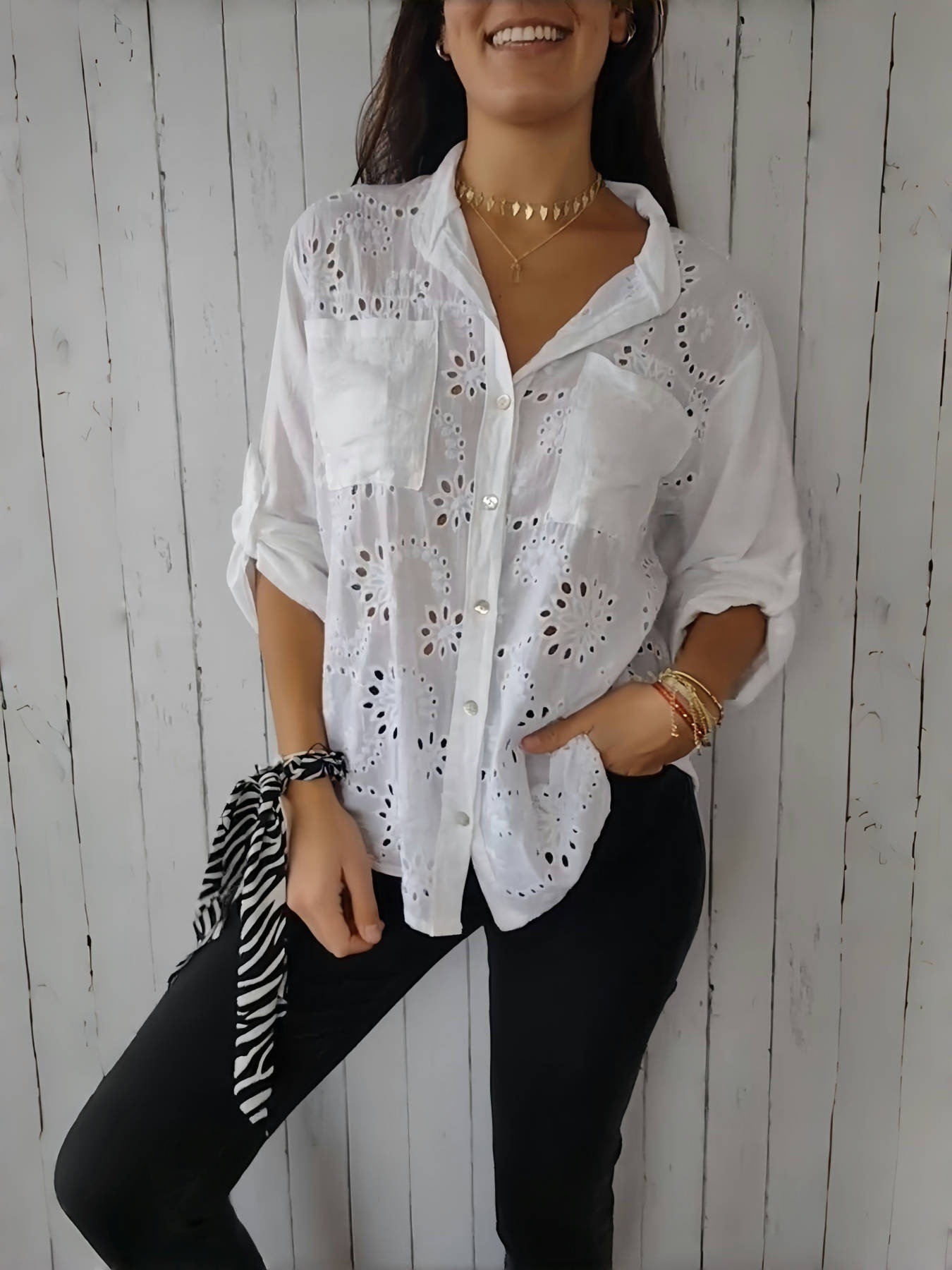 Women's Casual Hollow-out Design Pocket Long Sleeve Button-down Shirt - Image 2