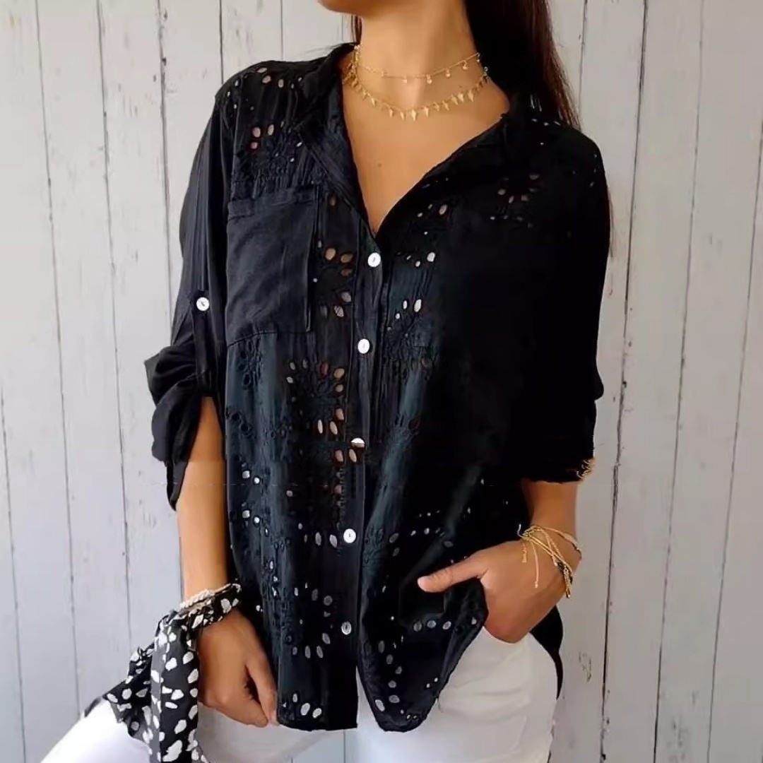 Women's Casual Hollow-out Design Pocket Long Sleeve Button-down Shirt - Image 3