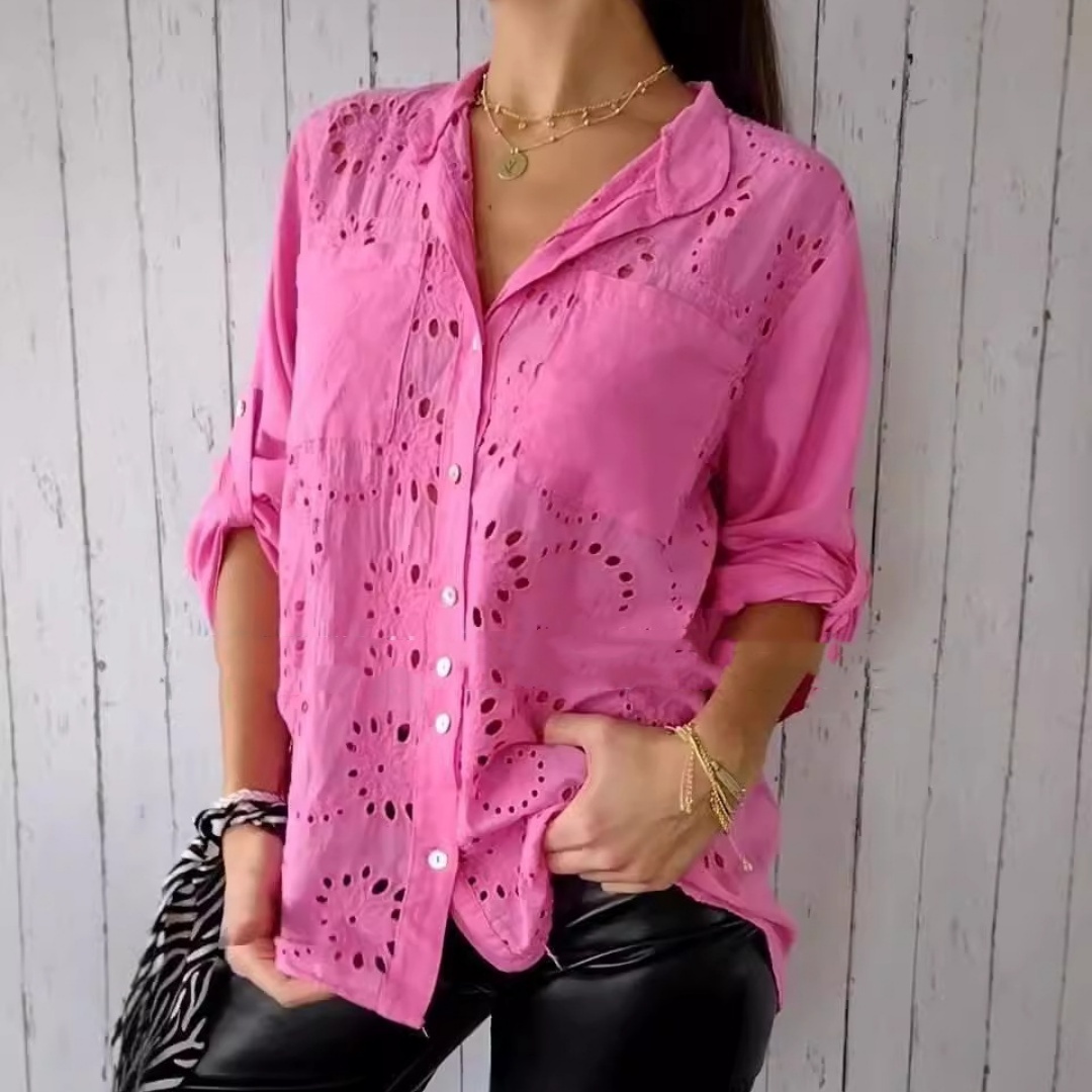 Women's Casual Hollow-out Design Pocket Long Sleeve Button-down Shirt - Image 4