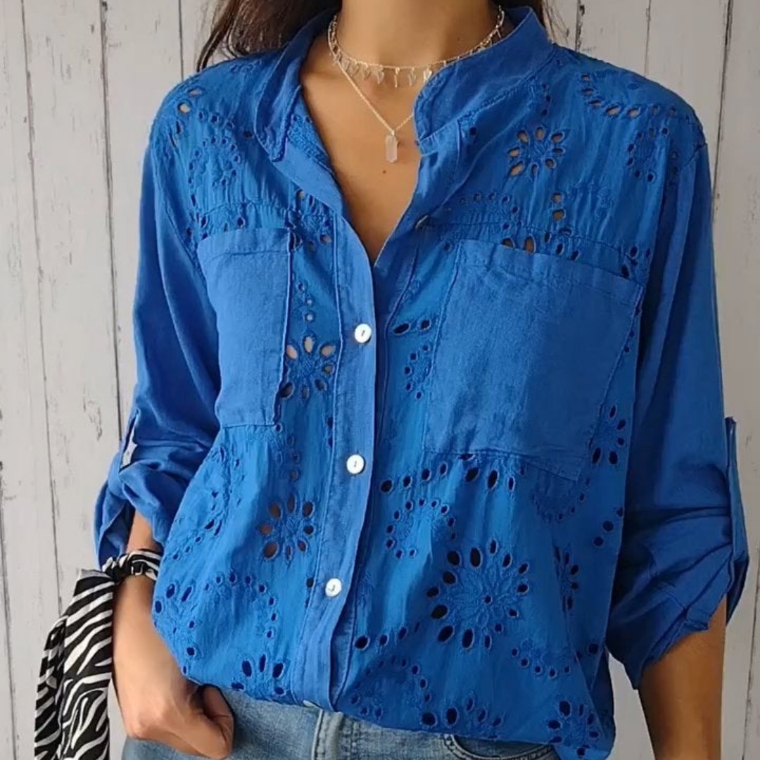 Women's Casual Hollow-out Design Pocket Long Sleeve Button-down Shirt - Image 5