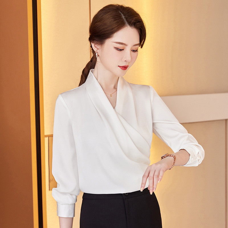 Long Sleeve V-neck New Acetate All-matching Pullover Business Wear Bottoming Shirt For Women - Image 3