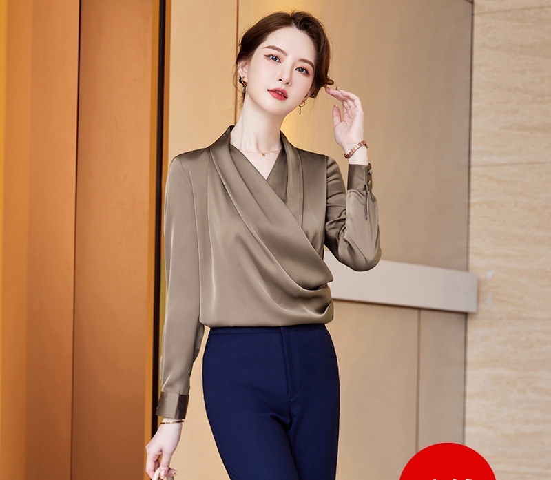 Long Sleeve V-neck New Acetate All-matching Pullover Business Wear Bottoming Shirt For Women - Image 6