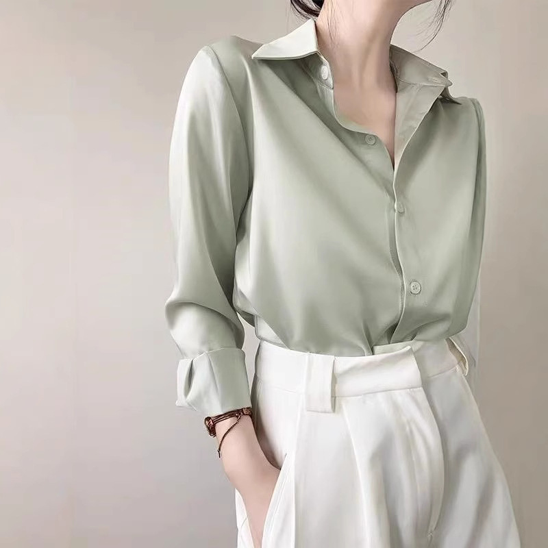 Women's High-grade Green Satin Shirt - Image 2