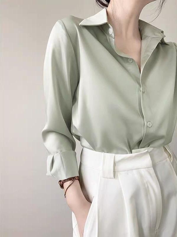 Women's High-grade Green Satin Shirt - Image 6