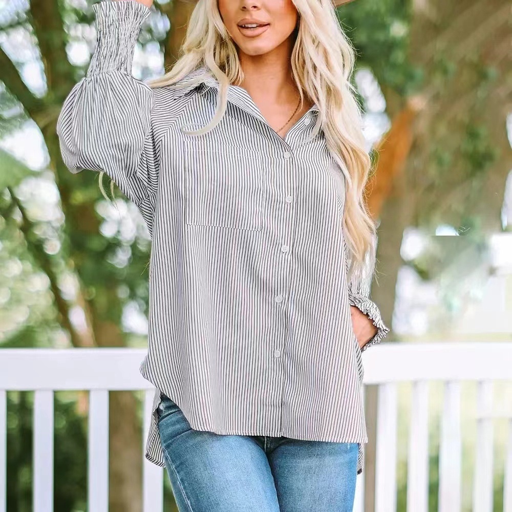 Striped Long Sleeve Loose Casual Blouse Beach Sun Protection Shirt