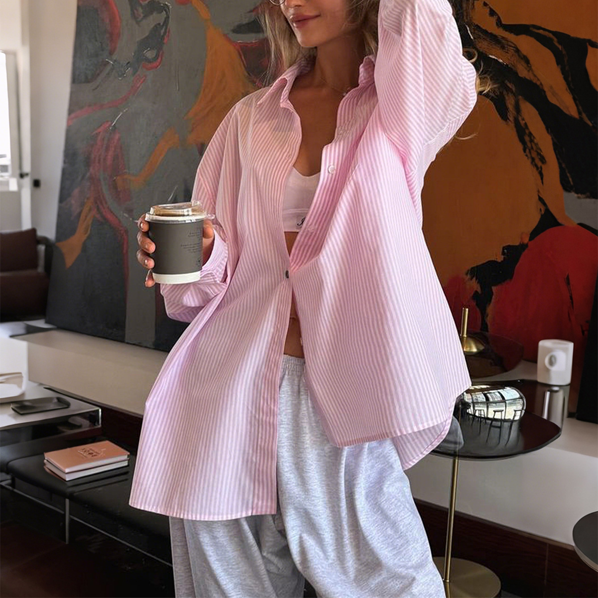 Striped Button Long Sleeve Cardigan Shirt Women