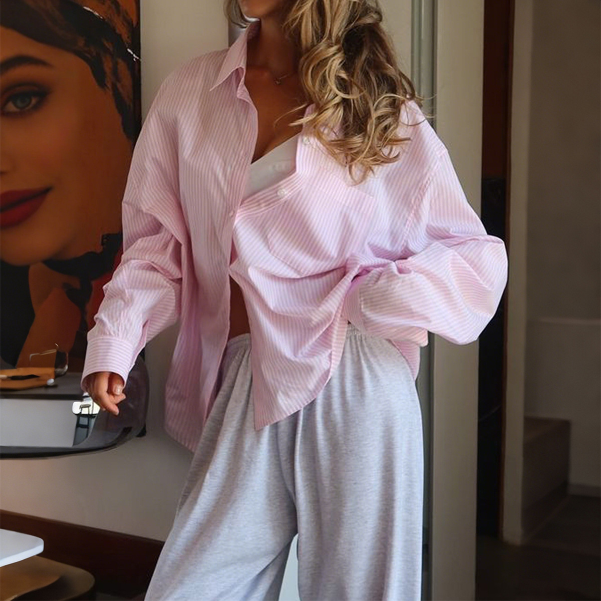 Striped Button Long Sleeve Cardigan Shirt Women - Image 2