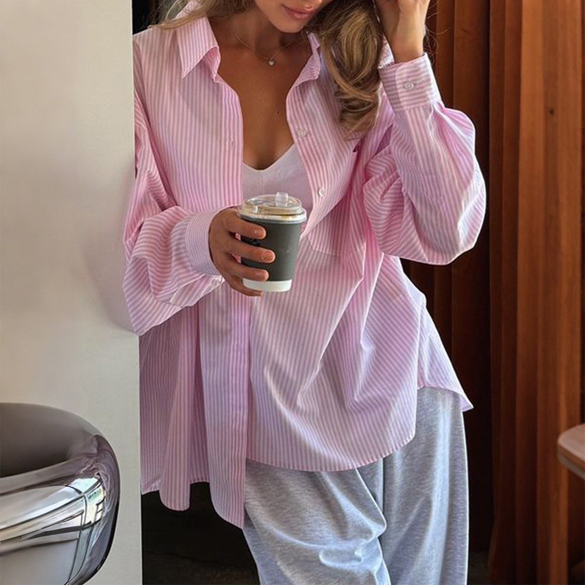 Striped Button Long Sleeve Cardigan Shirt Women - Image 3