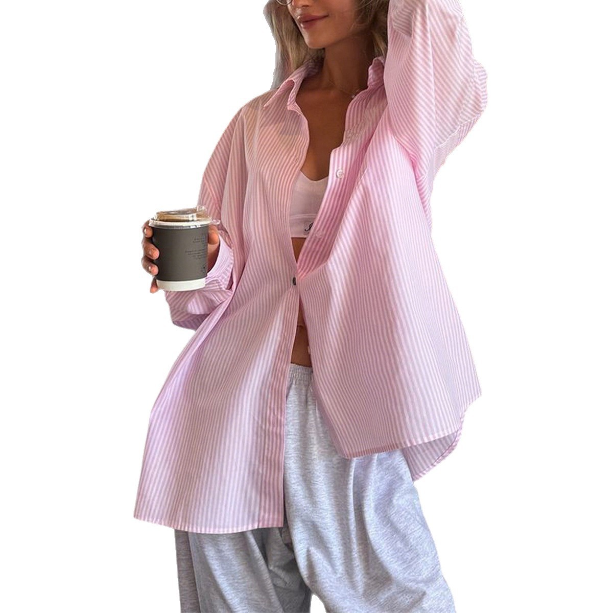 Striped Button Long Sleeve Cardigan Shirt Women - Image 5