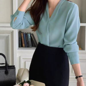 V-neck Long Sleeve Loose Korean Style Summer Business Chiffon Blouse Women