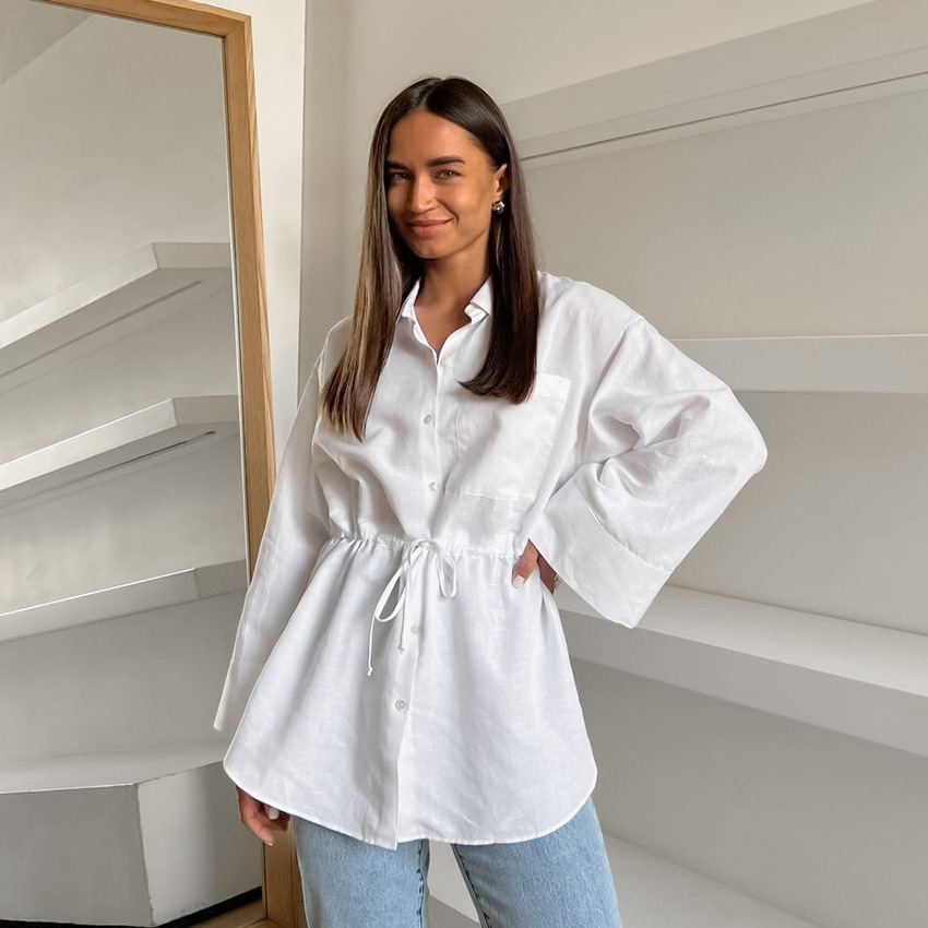 Women's Simple White Cotton And Linen Loose Lapels Shirt - Image 2