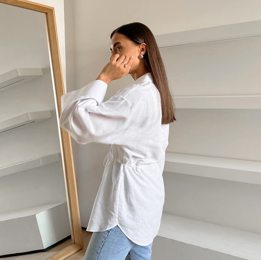 Women's Simple White Cotton And Linen Loose Lapels Shirt - Image 3