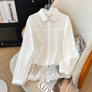 Spring Sweet Refined Handmade Lace Stitching Shirt For Women Bandage Dress All-matching