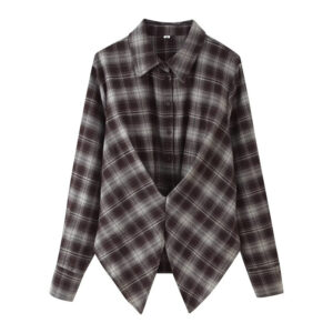 Women's Loose Lapels Waist-controlled Long Sleeves Plaid Shirt