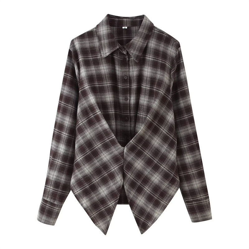 Women's Loose Lapels Waist-controlled Long Sleeves Plaid Shirt - Image 5