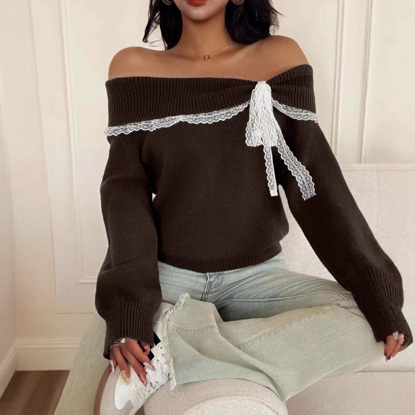 Women's Off-shoulder Casual Cute Contrast Color Tassel Long Sleeve Sweater - Image 2