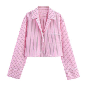 Women's Fashion Lapel Long-sleeved Pocket Striped Short Shirt
