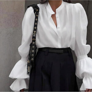 Elegant Temperament Commuter Lantern Sleeve Round Neck Single-breasted Shirt