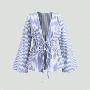 European And American Style Striped Long-sleeve Tie-waist Women's Shirt