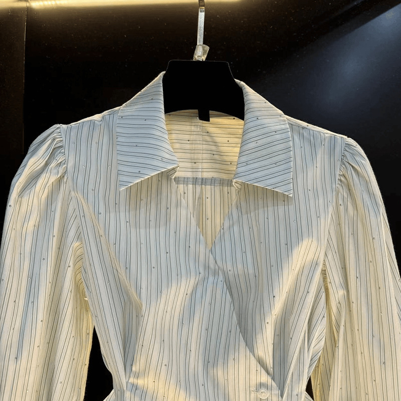 Temperament Waist-tie Long-sleeved Shirt Striped Cardigan Women - Image 2