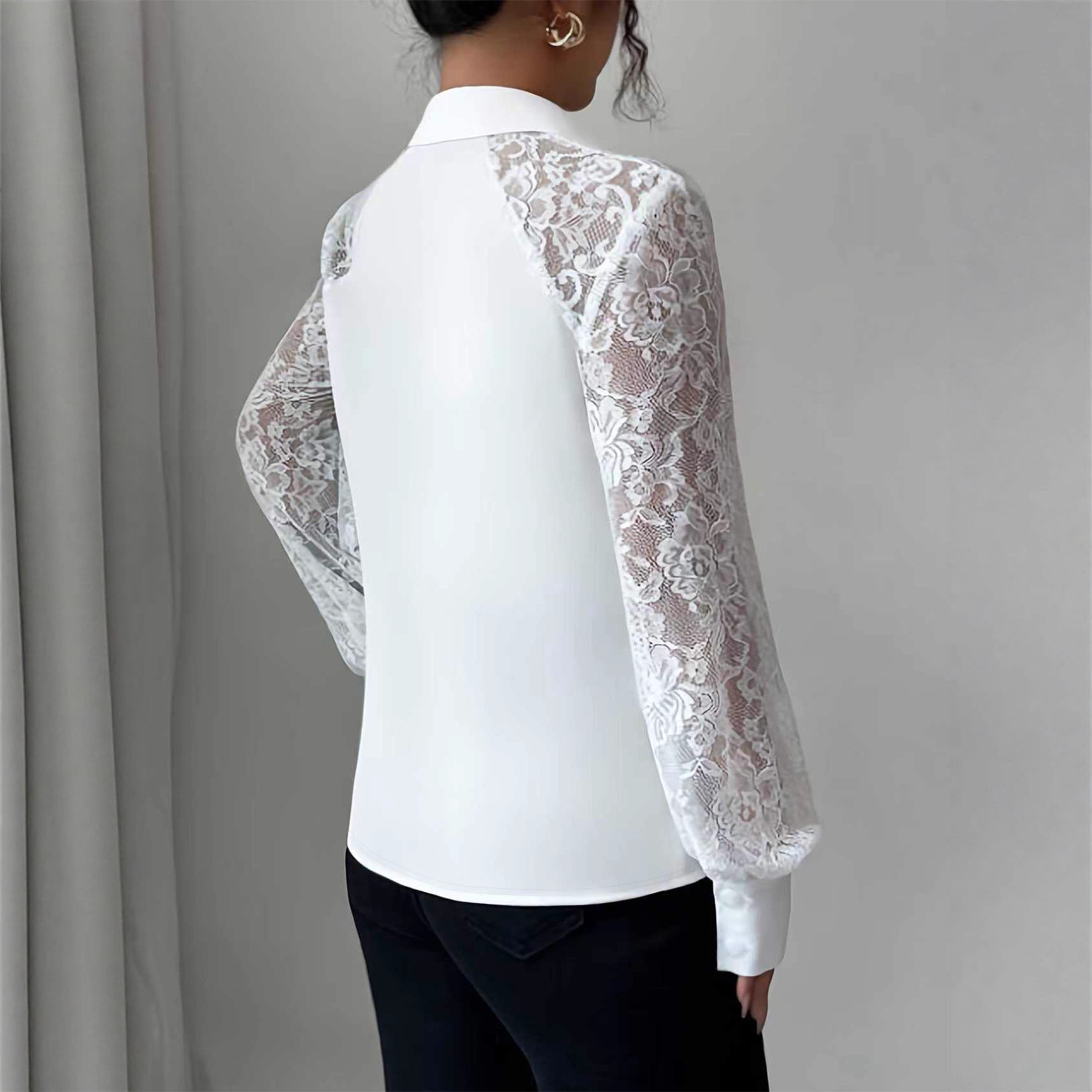 Women's Lace Solid Color Button Long Sleeve Shirt - Image 2