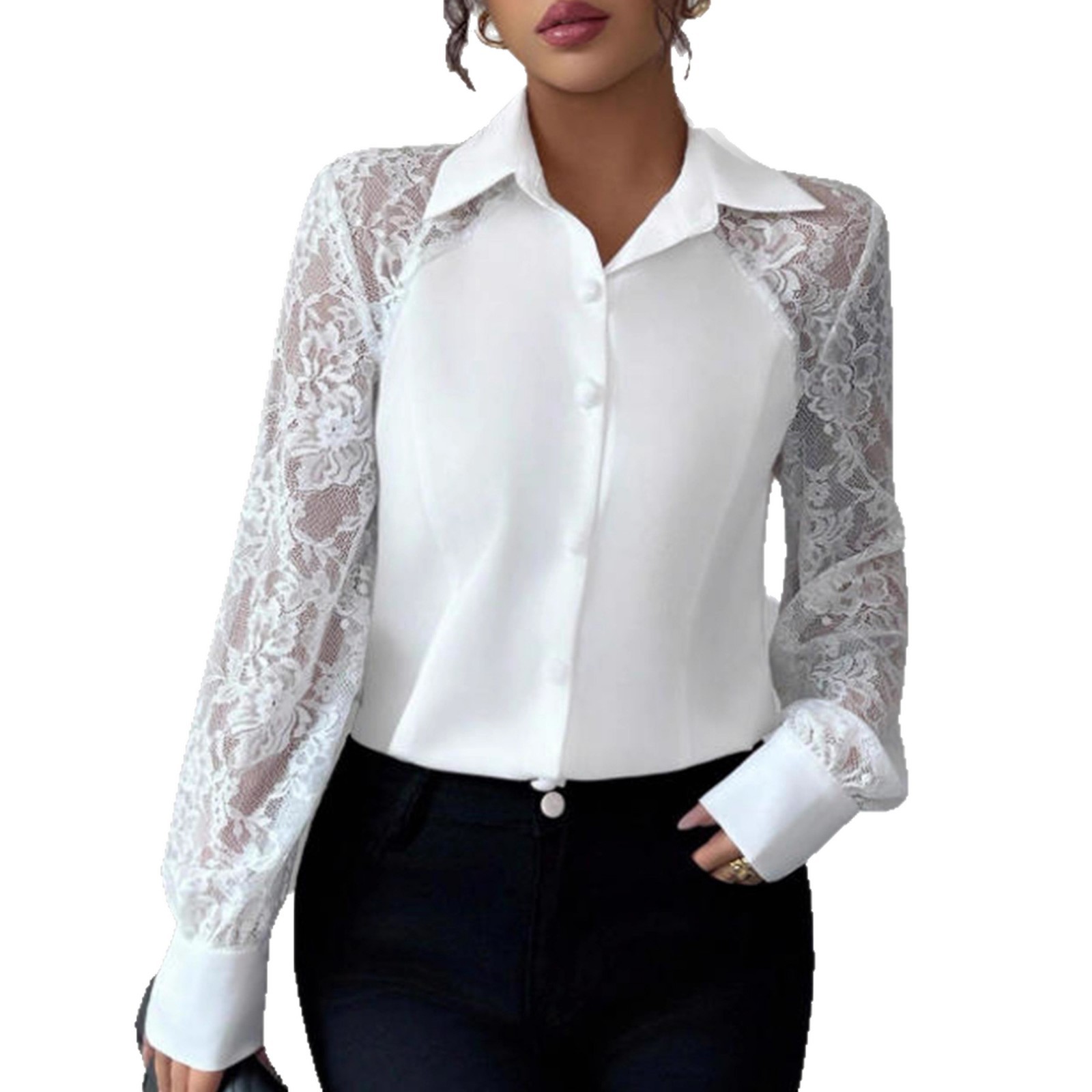 Women's Lace Solid Color Button Long Sleeve Shirt - Image 5