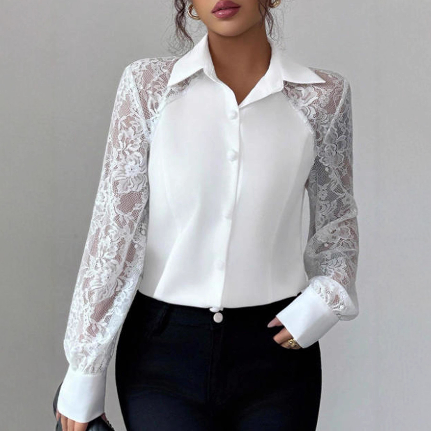 Women's Lace Solid Color Button Long Sleeve Shirt - Image 6