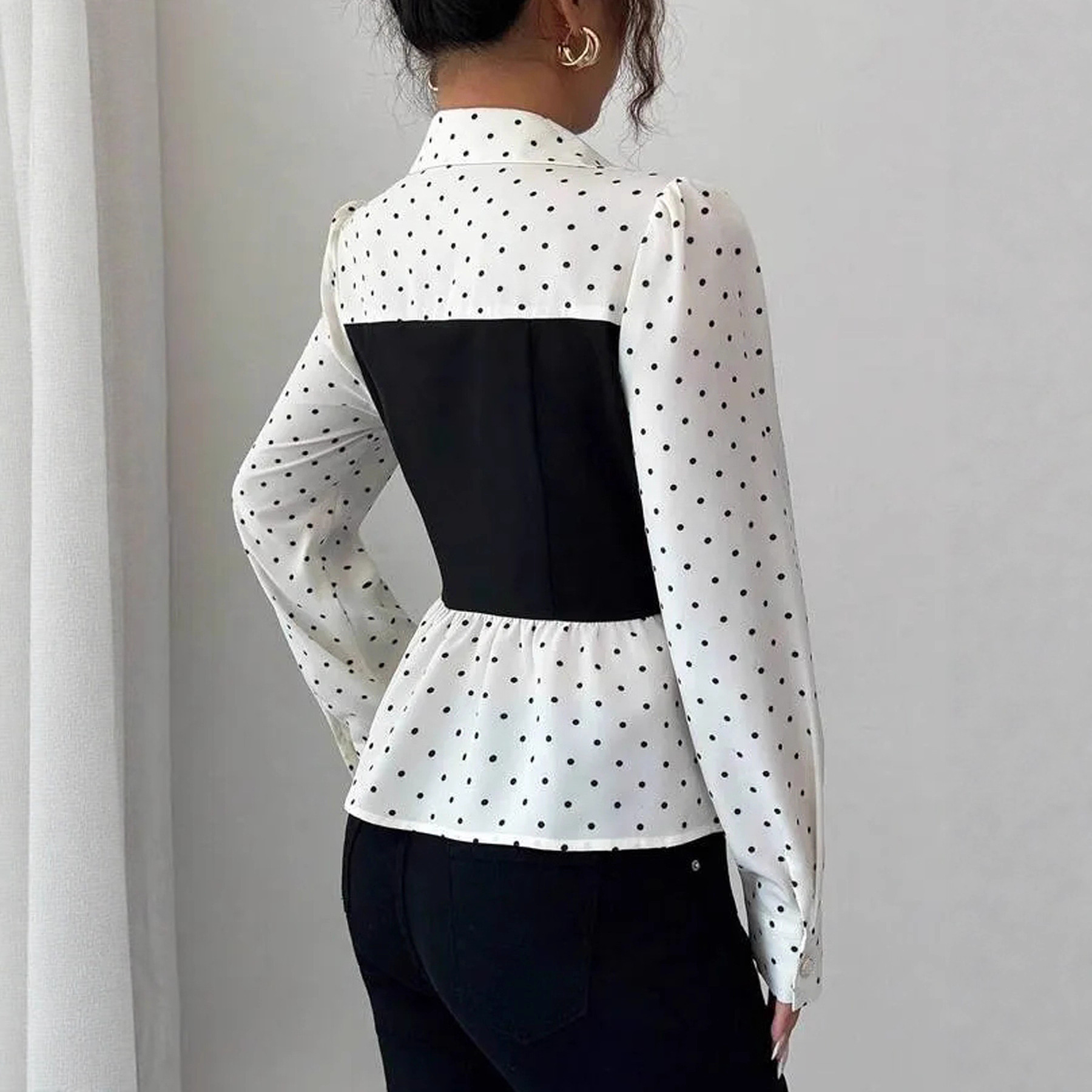 Women's Fashion Polka Dot Fake Two-piece Long Sleeve Shirt - Image 2