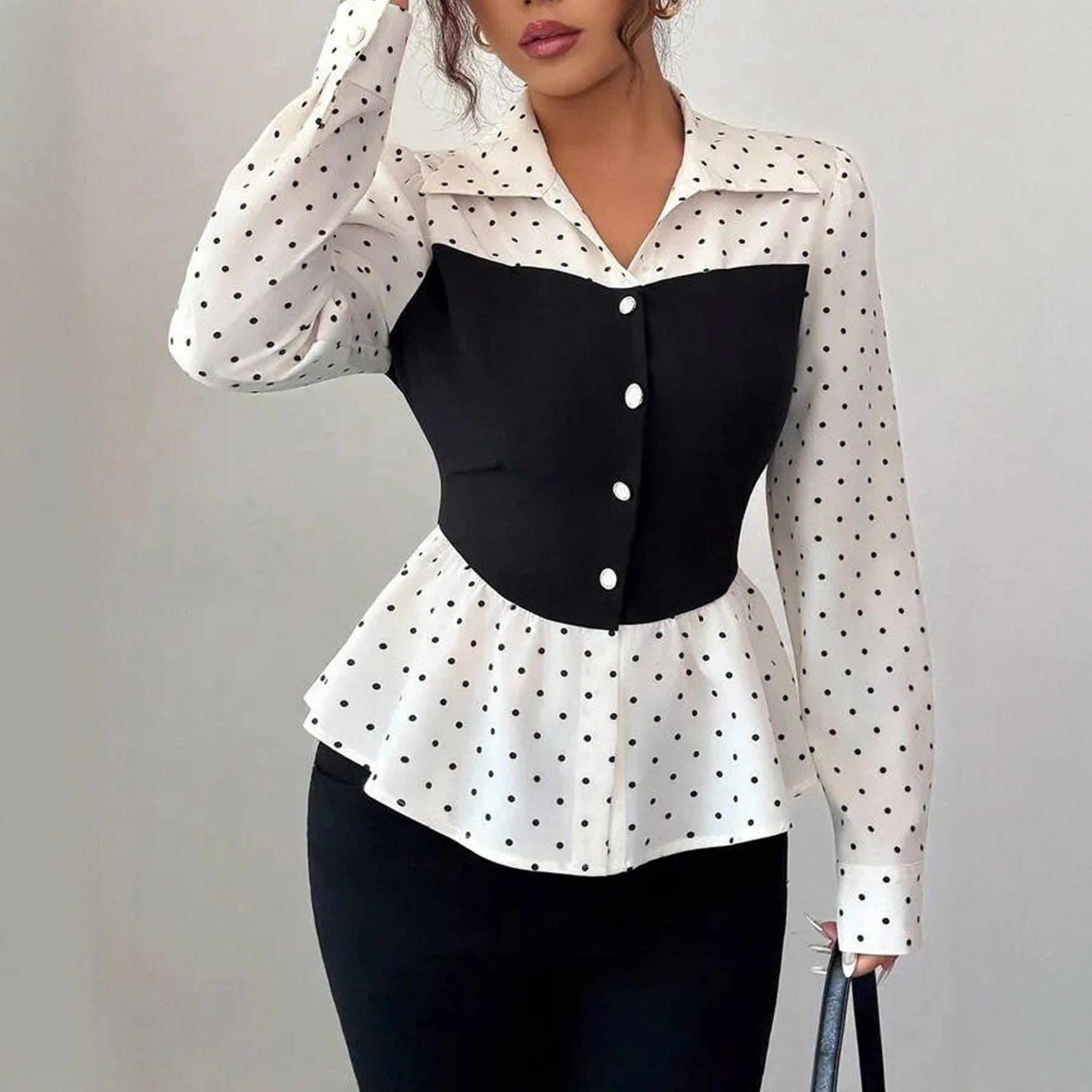 Women's Fashion Polka Dot Fake Two-piece Long Sleeve Shirt - Image 3