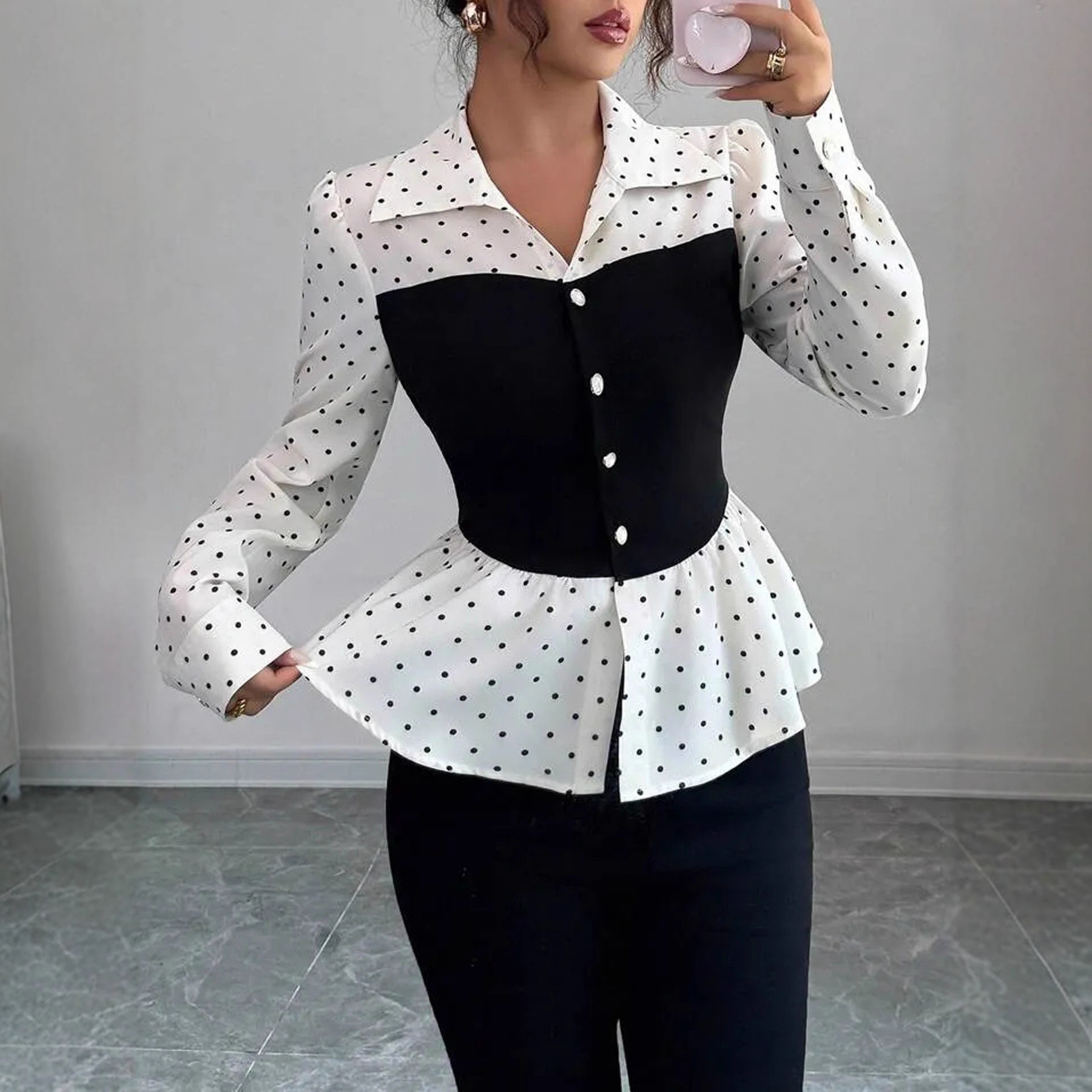 Women's Fashion Polka Dot Fake Two-piece Long Sleeve Shirt - Image 4