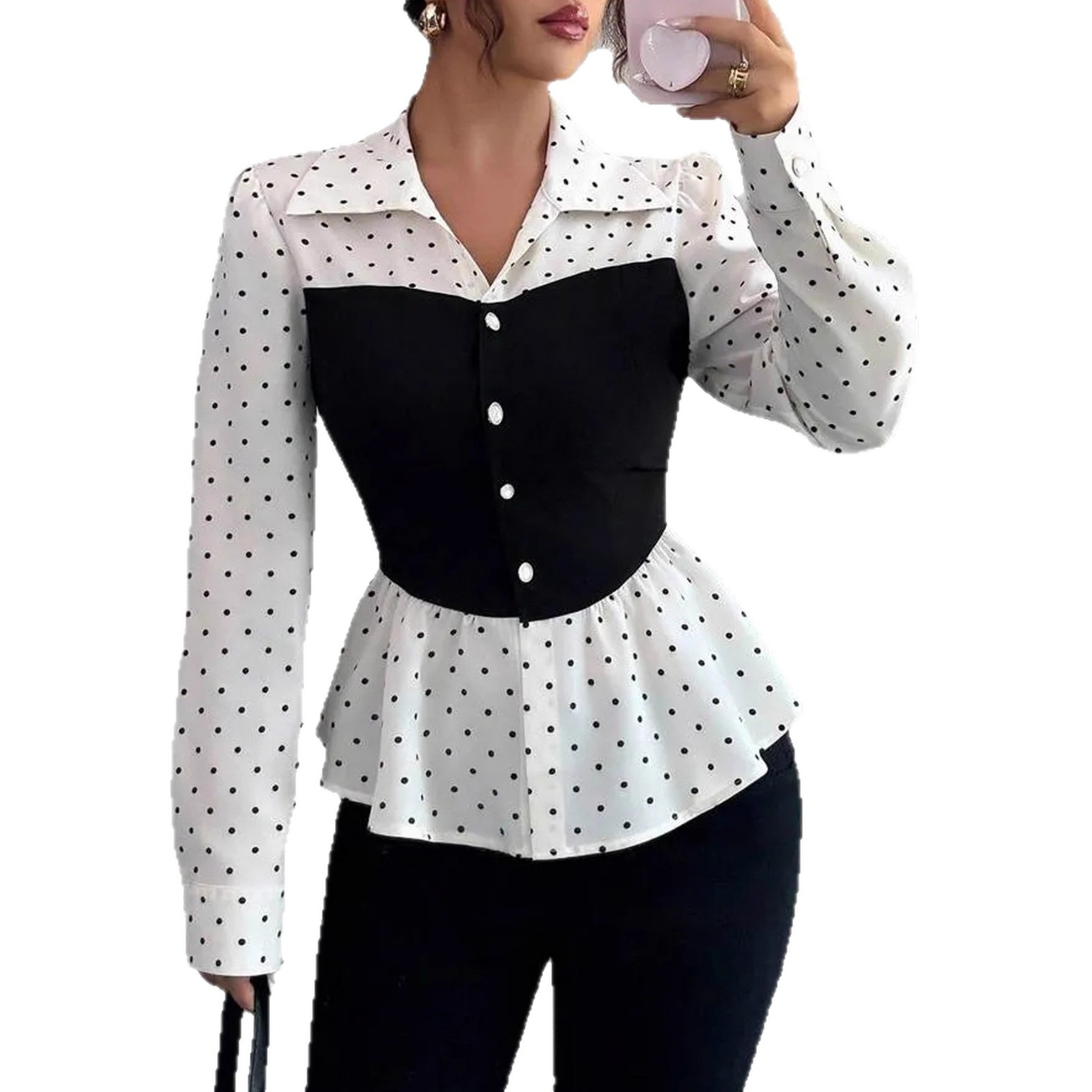 Women's Fashion Polka Dot Fake Two-piece Long Sleeve Shirt - Image 5