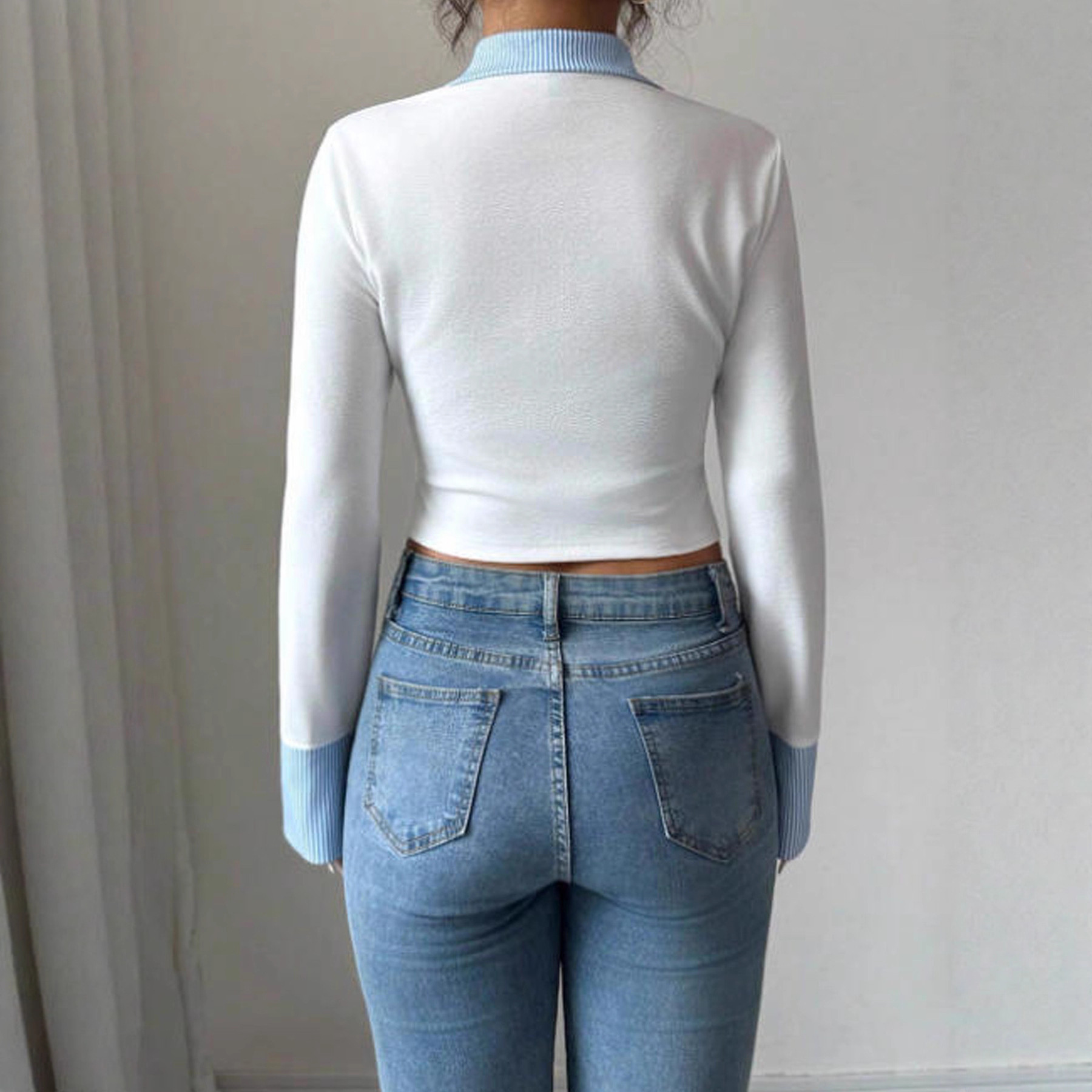 Women's Slimming Lapel Long Sleeve Fake Two-Piece Shirt - Image 2