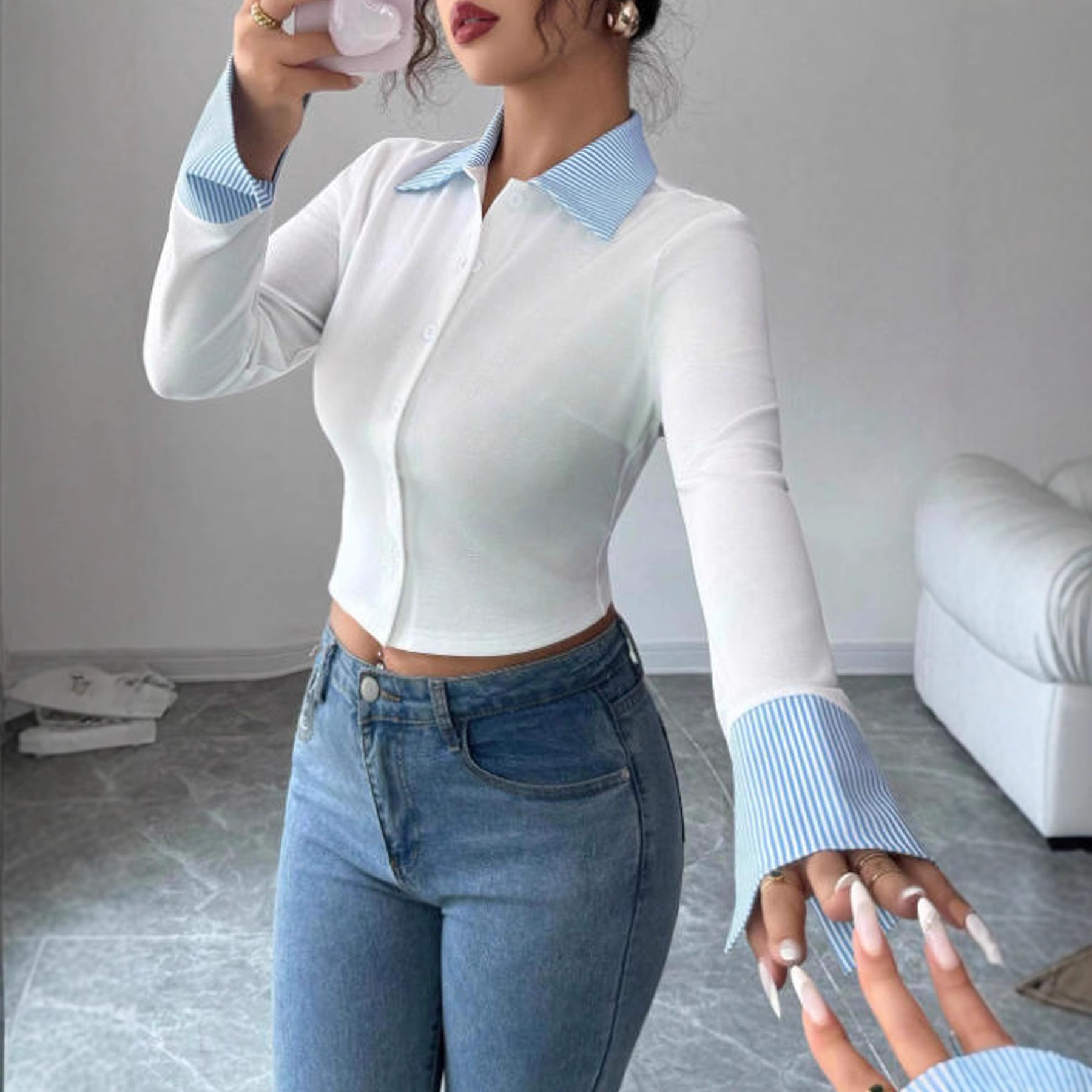 Women's Slimming Lapel Long Sleeve Fake Two-Piece Shirt - Image 3